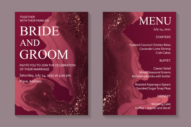 婚礼请柬与红色水彩波浪或流动艺术在酒精墨水风格与玫瑰金闪烁。图片下载