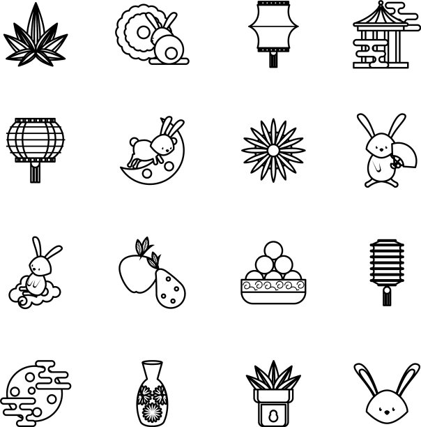 十六个中国中秋节设置图标图片下载