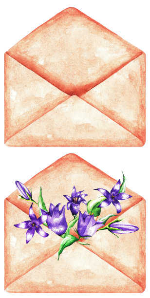 用鲜花打开信。水彩图片下载