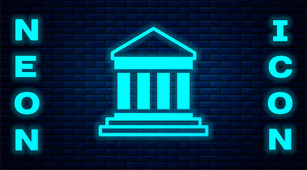 发光的霓虹灯帕台农从雅典，卫城，希腊图标孤立在砖墙背景。希腊古代国家地标。向量图片下载