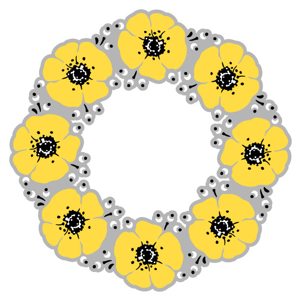 花环。照亮黄色的花在最终的灰色背景。手绘草本和野花的卡片。矢量插图。图片下载