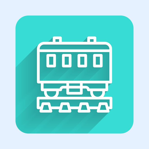 白线客运列车车厢图标孤立与长影子。铁路运输。绿色广场按钮。向量图片下载