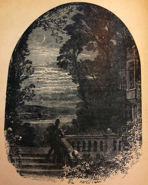 古董插图-托马斯摩尔的诗歌-男人站在楼梯在月光下看着一个女人在窗口图片下载