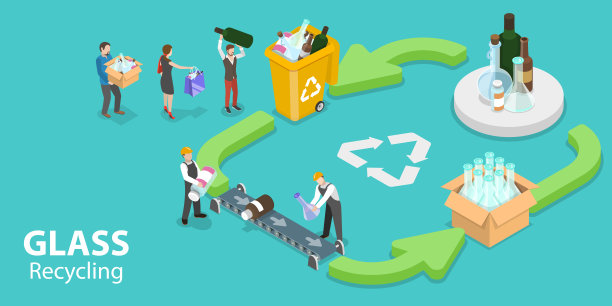 玻璃回收过程信息图的三维等距矢量概念插图图片下载