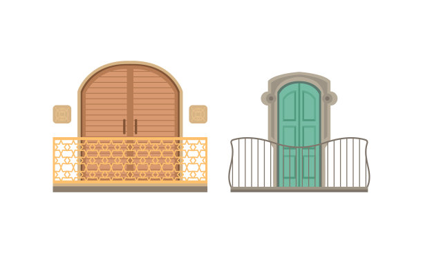 复古阳台设置，复古住宅立面设计元素，拱形阳台与木制百叶窗矢量插图图片下载