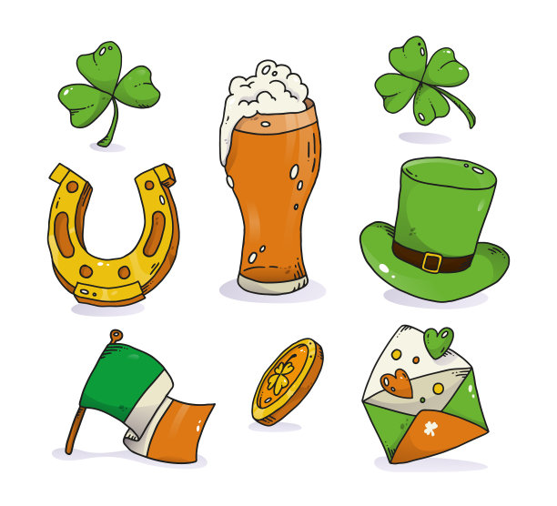 手绘圣帕特里克日元素设置矢量插图图片下载