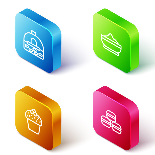 设置等距线砖炉，面粉碗，蛋糕和马卡龙饼干图标。向量图片下载