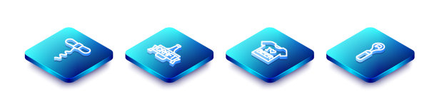 设置等距线葡萄酒开瓶器，啤酒瓶，t恤和开瓶器图标。向量图片下载