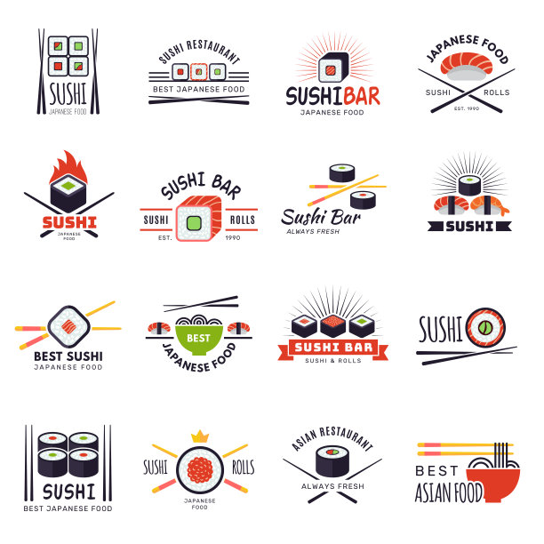 寿司酒吧标签。日本传统海鲜寿司卷从鲑鱼和米饭最近的矢量程式化插图餐厅菜单模板吃筷子图片下载