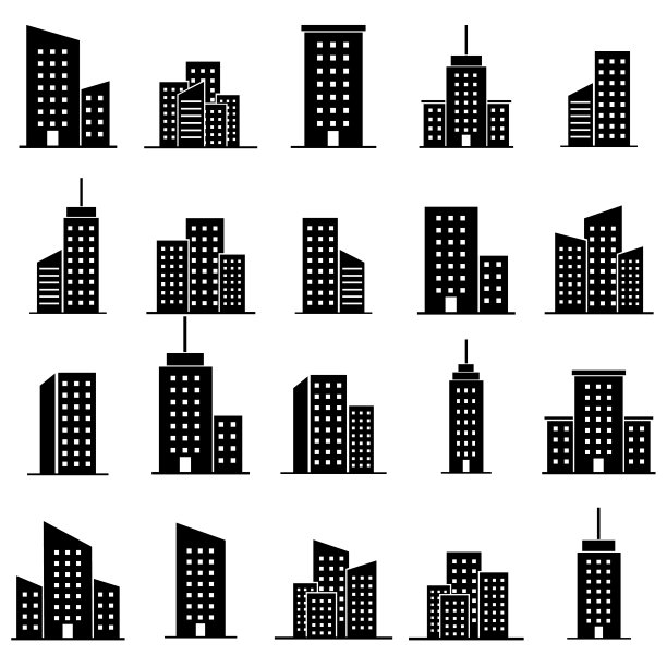 摩天大楼设置图标，标志孤立在白色背景图片下载