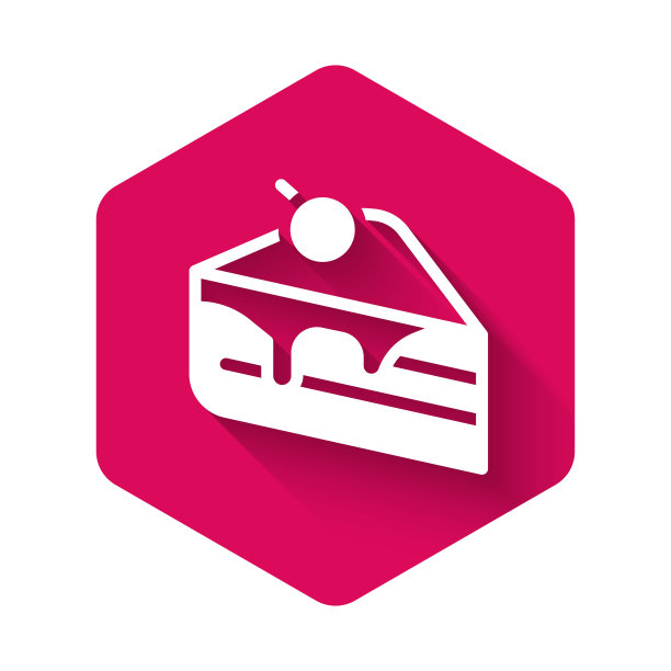 白色的一块蛋糕图标与长阴影背景隔离。生日快乐。粉红色的六角按钮。向量图片下载