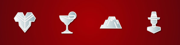 设置雨披，玛格丽塔鸡尾酒，火山爆发与熔岩和墨西哥男子宽边帽图标。向量图片下载