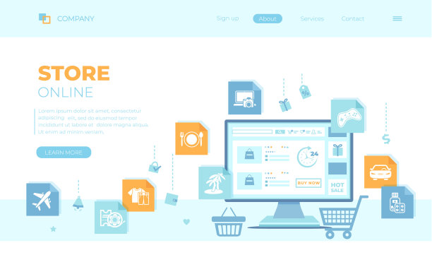 网上商店购物。网络虚拟购物、电子商务、数字营销。显示器与网上商店在屏幕上，购物车，篮子。可用于网页横幅，登陆页，网页模板。图片下载