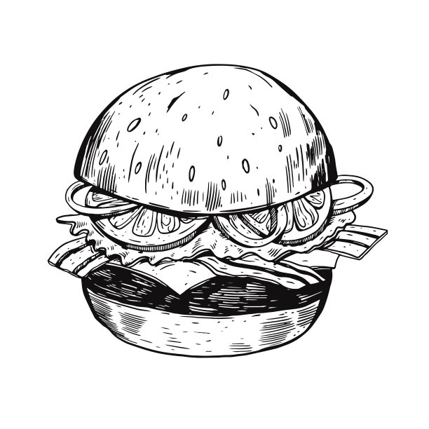 手绘汉堡。现实的草图。黑色矢量插图。图片下载