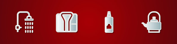 设置淋浴，浴袍，喷雾，发胶和有手柄图标的水壶。向量图片下载