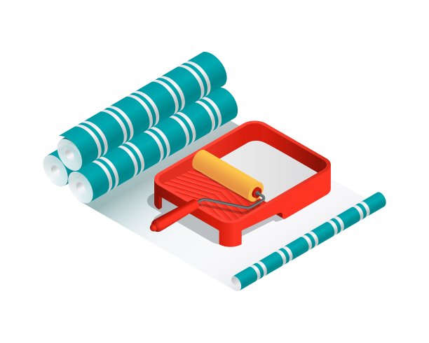 等距矢量插图油漆辊，油漆托盘和墙纸辊隔离在白色背景。逼真的彩色壁纸贴图标在平面卡通风格。改造和重建图片下载