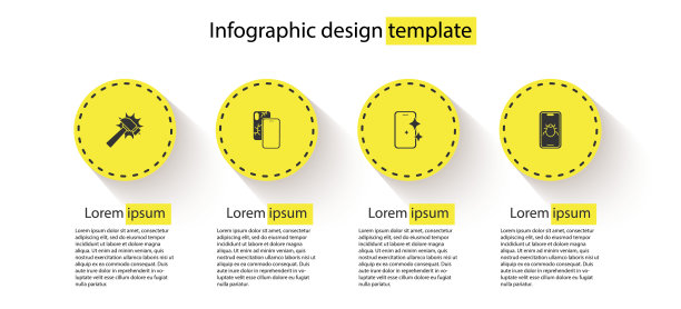 在手机上设置Hammer, Mobile with broken screen, Glass protector和System bug。业务信息模板。向量图片下载