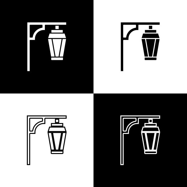 设置复古街灯图标孤立的黑色和白色背景。向量图片下载
