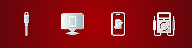 设置USB数据线，手机维修服务，智能手机电池充电和万用表图标。向量图片下载