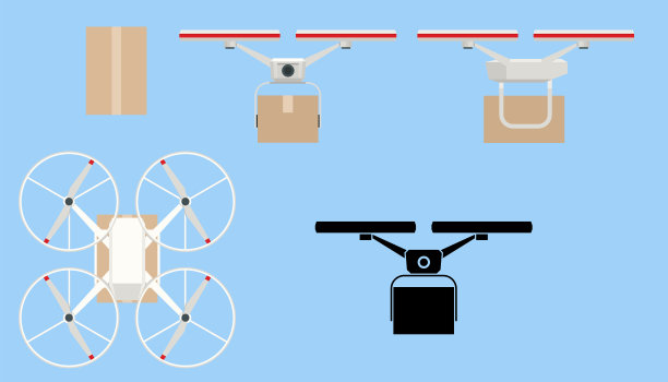 无人驾驶飞机交付。四轴飞行器运送包裹给顾客。在白色背景下通过空中隔离运送一架纸箱式无人机。前视图，后视图，顶视图图片下载