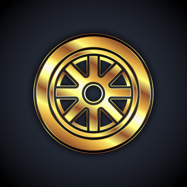 金色汽车车轮图标孤立在黑色背景。向量图片下载