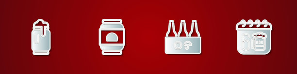 啤酒罐与泡沫，包装啤酒瓶和圣帕特里克日日历图标。向量图片下载