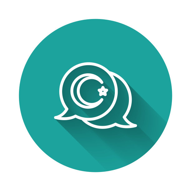 白线星形和新月形-象征伊斯兰教的图标孤立与长阴影背景。宗教的象征。绿色圆圈按钮。向量图片下载