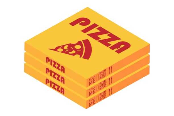 3d等距披萨盒图标，送餐，qr码隔离在白色背景。向量EPS10图片下载