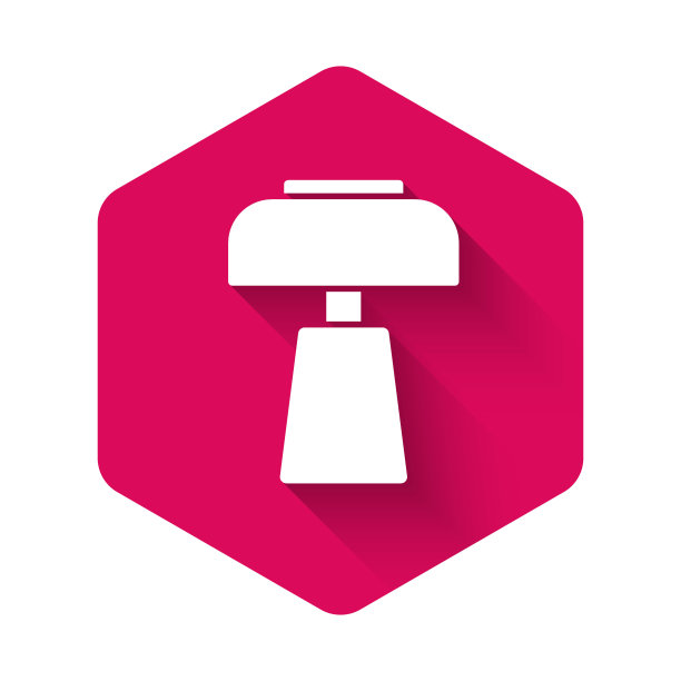 白色台灯图标与长阴影背景隔离。台灯。粉红色的六角按钮。向量图片下载