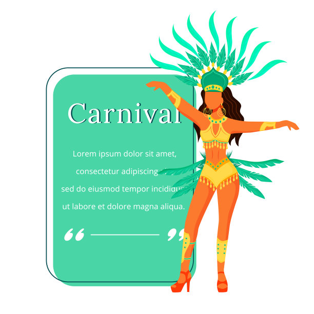 嘉年华平色矢量人物引用。身着节日服装，头戴羽毛王冠的女人。巴西的庆祝活动。引文空白框架模板。演讲泡沫。报价空文本框设计图片下载