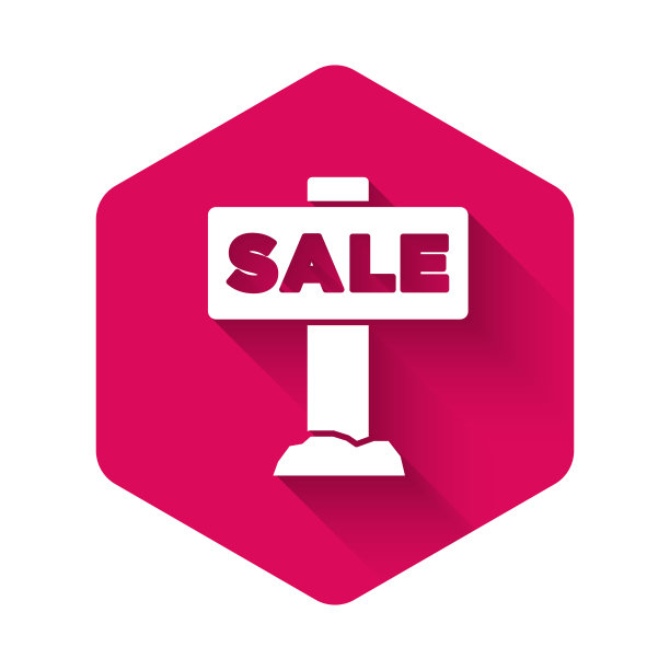 白色悬挂标志与文字销售图标孤立与长阴影背景。招牌上有文字销售。粉红色的六角按钮。向量图片下载