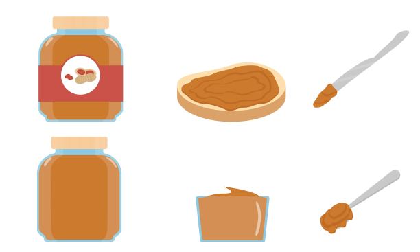 花生酱装在罐子里，涂在面包上，勺子和刀上。图片下载