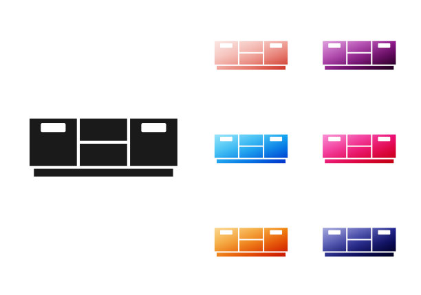 黑色家具床头柜图标孤立在白色背景上。设置图标丰富多彩。向量图片下载