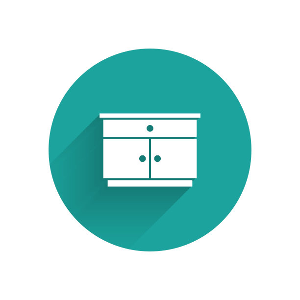 白色家具床头柜图标孤立与长影子。绿色圆圈按钮。向量图片下载