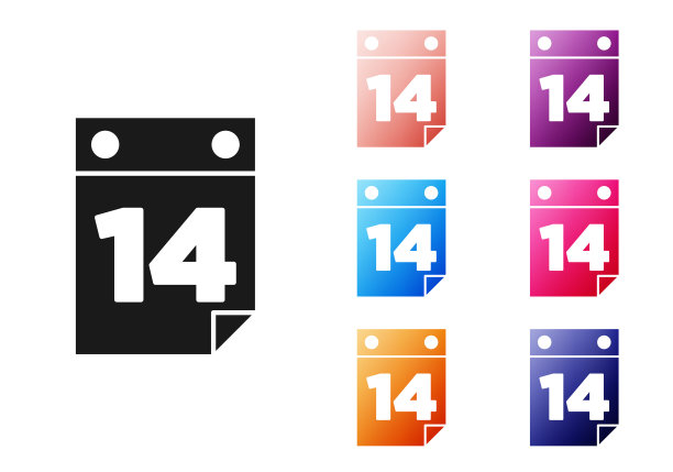 黑色日历，2月14日图标孤立在白色背景上。情人节。爱的象征。设置彩色图标。向量图片下载
