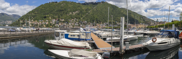 科莫-从港口俯瞰科莫湖的全景。图片下载