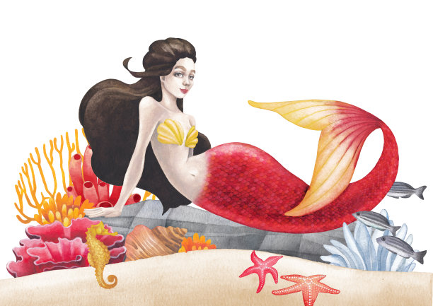 水彩美人鱼躺在礁石植物和鱼类之间的海底沙的石头图片下载