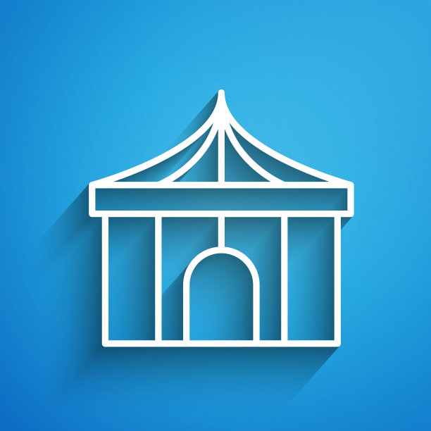 白色线马戏团帐篷图标孤立在蓝色背景。狂欢节野营帐篷。游乐园。长长的阴影。向量图片下载