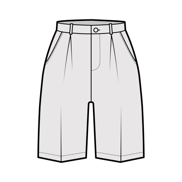 短百慕大裙裤技术时尚插图及膝以上长度，单褶，正常腰，高腰图片下载