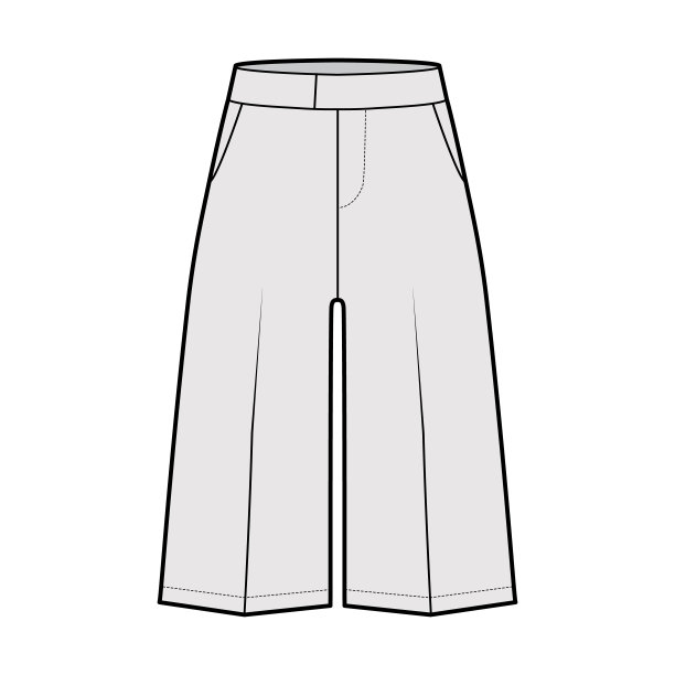 短百慕大裙裤技术时尚插图，长及膝，正常腰，高腰，开衩口袋图片下载