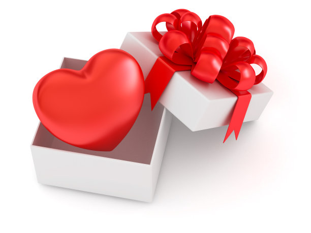 心在白色礼盒与红色丝带和蝴蝶结孤立在白色的背景。情人节和婚礼庆典。给你的爱。3 d渲染。图片下载