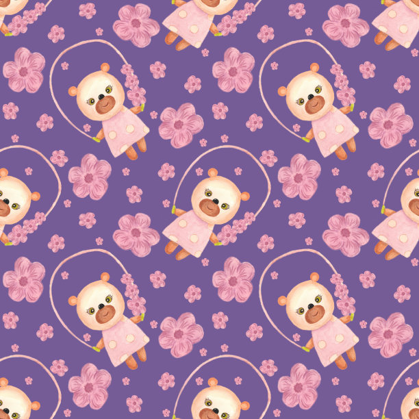 小熊和粉红色的花。无缝图案与紫色背景。图片下载
