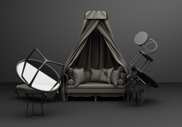 灰色家具经典沙发扶手椅有趣的构图上的黑色背景3d渲染图片下载