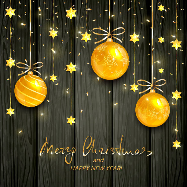 黑色木头上的金色圣诞球和星星图片下载