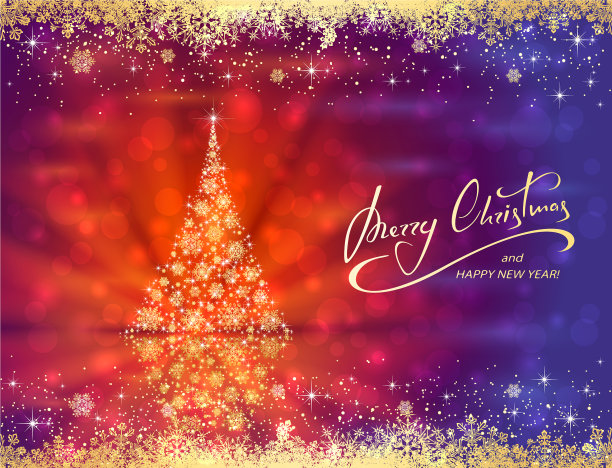闪亮的金色圣诞树在蓝色红色的背景图片下载