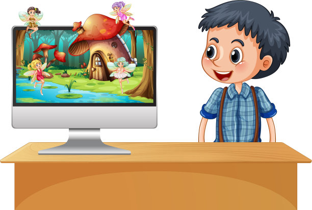 屏幕上的电脑精灵旁边的男孩图片下载