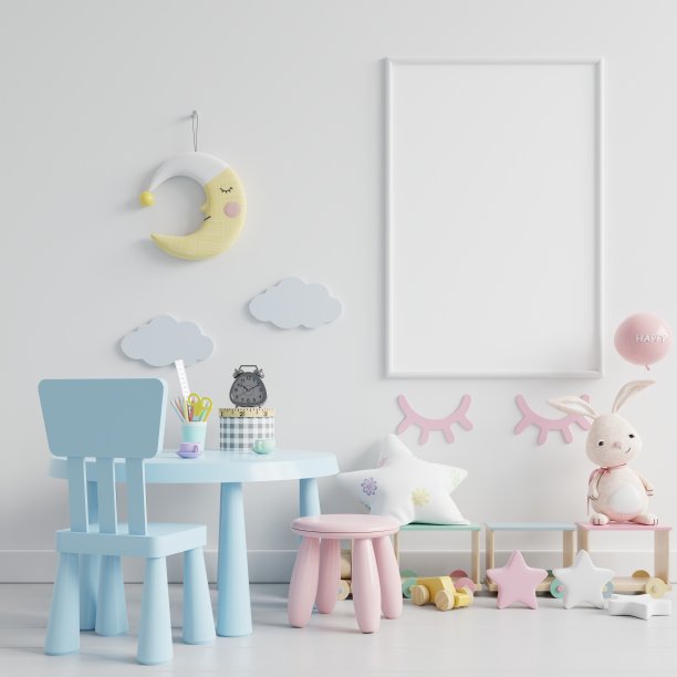 儿童工作室，模拟海报框架在儿童室。图片下载