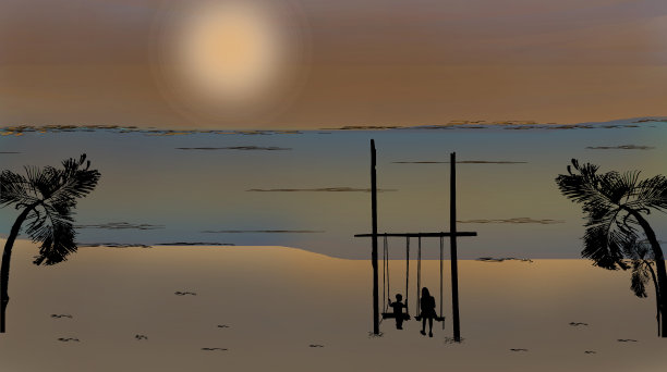 母亲和儿子坐在秋千上的剪影。在海滩的中央有夕阳。图片下载