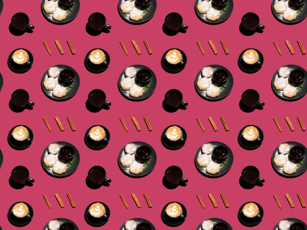 芝士蛋糕，咖啡和肉桂，完美的早餐食物模式。图片下载