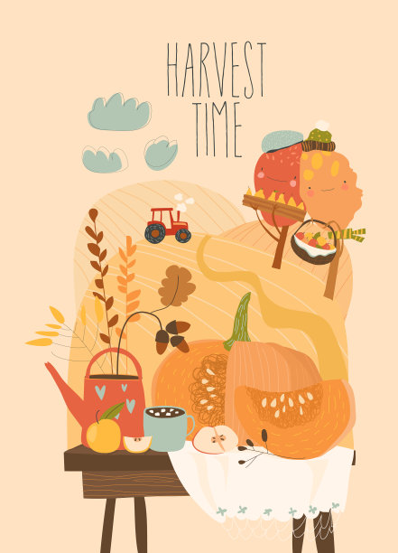 南瓜和秋天元素的静物画图片下载